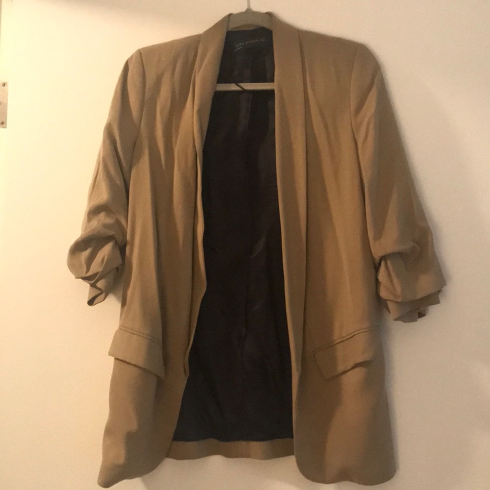 Zara Oversized Tan Blazer with Ruched Sleeves, XS